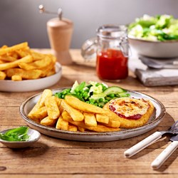Chicken Parma with chips & Pea salad